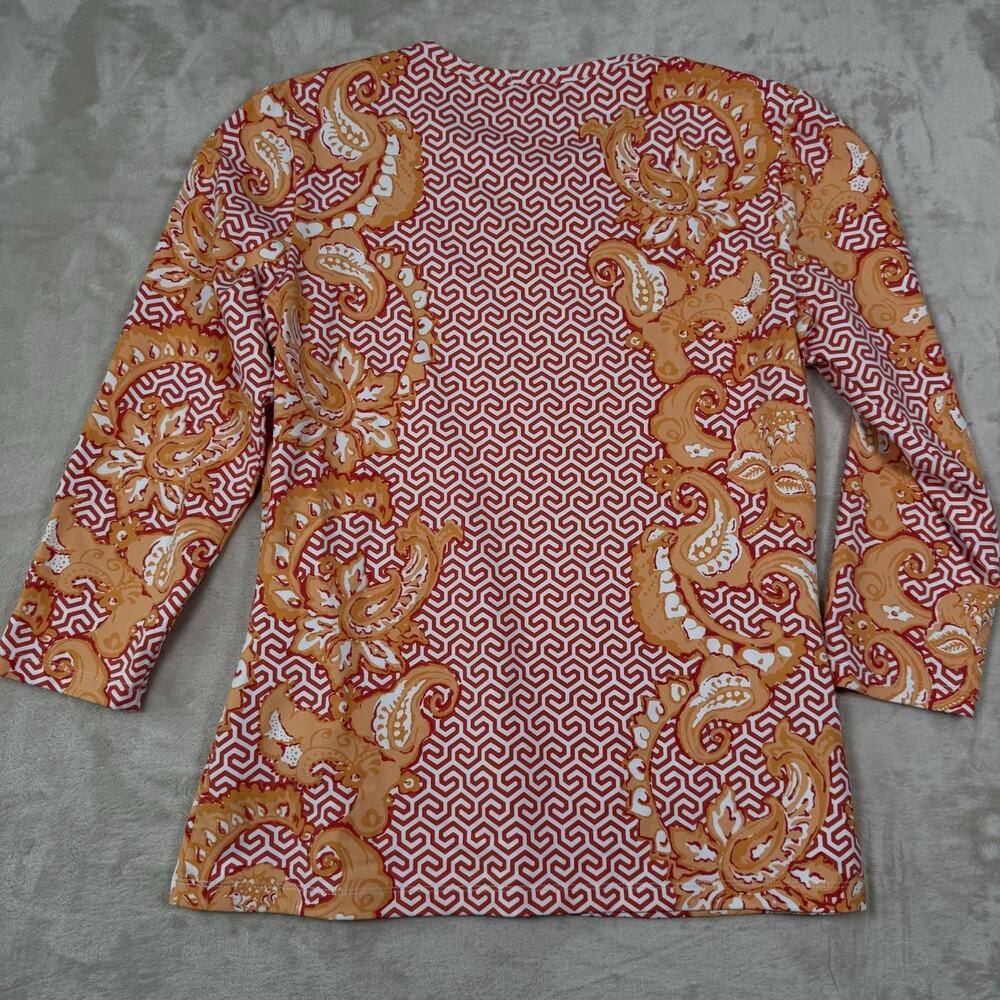 J McLaughlin Catalina Cloth Coral White Orange Print 3/4 Sleeve Tee Size Small - Picture 3 of 6